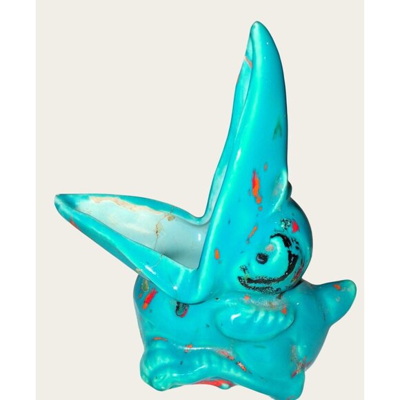 Vintage Turquoise Ceramic Bird Planter Orange Black Splatter - Picture 2 of 10